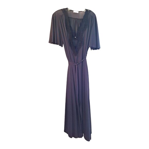 VINTAGE USA MISS ELAINE PEIGNOIR SET BLACK NIGHTGOWN and ROBE LONG LACE SMALL - Picture 1 of 16